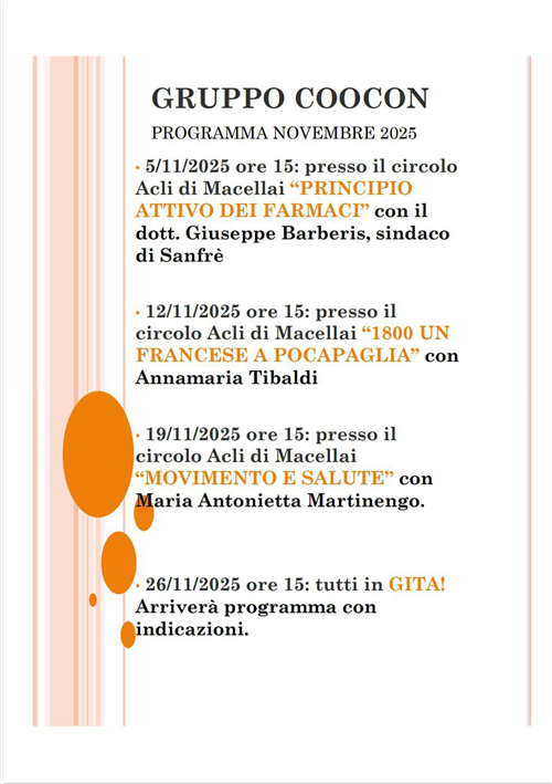 Programmazione incontri Cocoon Novembre 2025